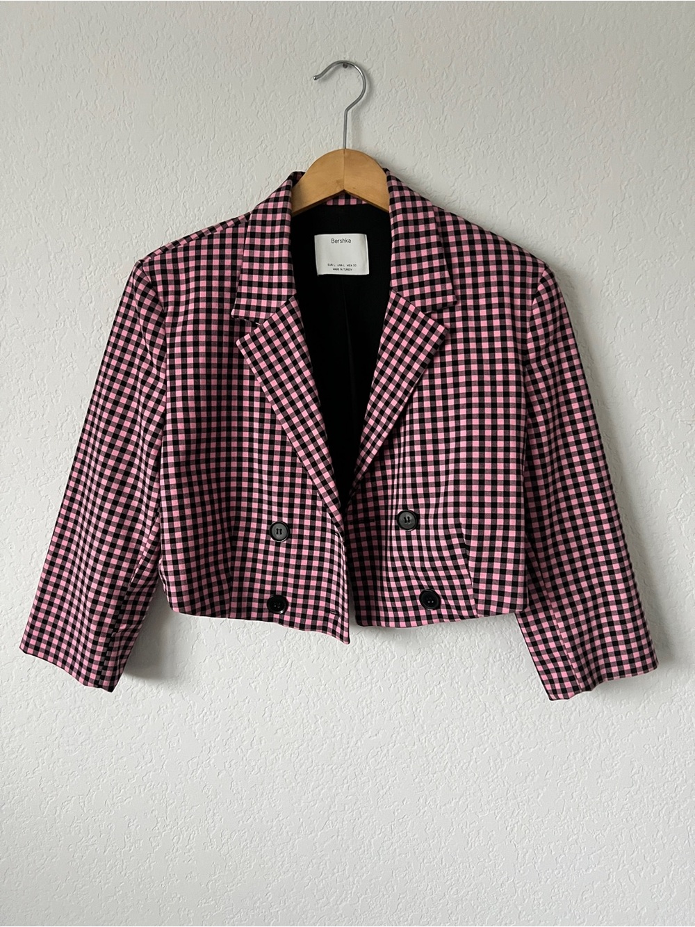 Bershka Pink and Black Gingham Cropped Blazer